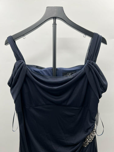 Alex Evenings Navy Blue Cowl Draped Evening Gown Beaded Formal Long Dress 14 Alex Evenings