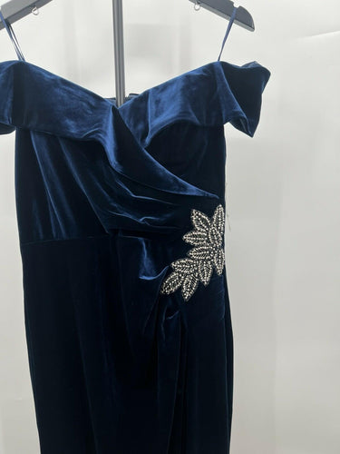 Alex Evenings Velvet Off Shoulder Beaded Gown Formal Navy Blue Maxi SIZE 12 Alex Evenings