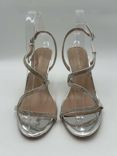 BCBG Generation Silver Rhinestone Strappy Heels Stiletto Size 8.5