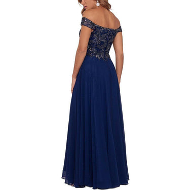 Xscape Long Off-The-Shoulder Chiffon with Bead Top Navy 18