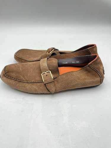 Men’s Santoni apron-toe Brown Suede loafers buckled strap Size 8.5 US