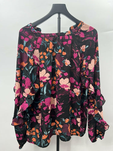 Wonderly Blouse Womens Floral Top Ruffle Sleeve V Neck Black Pink Orange XL Orange