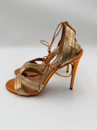 Aquazzura Ari Metallic Leather Ankle-tie Sandals Platino Gold Mandarin Size 38