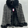 Vince Camuto Woman’s black and white plaid tweed cape Plush Faux Fur Trim Size 0 Vince Camuto