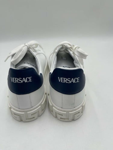 Versace Men's Embossed White & Blue Leather Low Top Sneakers Shoes Size 43 Versace