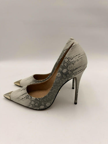Carrano White Gray Snakeskin Pumps Gold Metal Toe Cap Pointed Stiletto Used 7.5