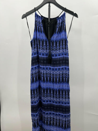 Kensie Halter Maxi Dress Blue Black Ikat Print Tassel Tie Neck - S
