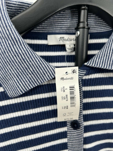 NWT Madewell Navy White Stripe Ribbed Polo Henley Long Sleeve Top Shirt Size S White
