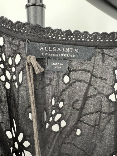 AllSaints Amara Broderie Bodysuit Black V-Neck Wrap Womens Whimsygoth Size 10