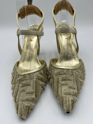 Women’s Fendi Colibrì slingback pumps in a gold, frayed mesh finish Size 37