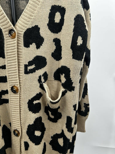 BTFBM Womans oversized leopard print cardigan sweater Tan Animal Print Size L