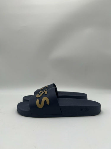 Hugo Boss Sean Slide Sandals in navy blue with a gold logo Size 39