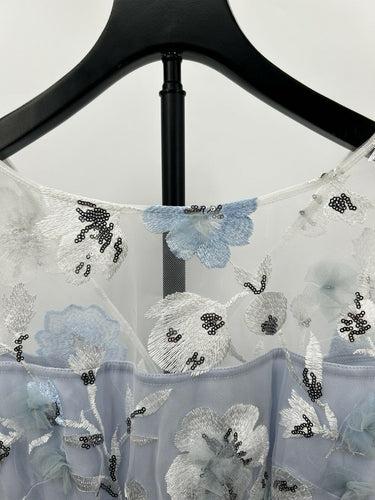 Adrianna Papell Embroidered Bell Sleeve Dress Sheer Mesh Blue Silver Floral 4