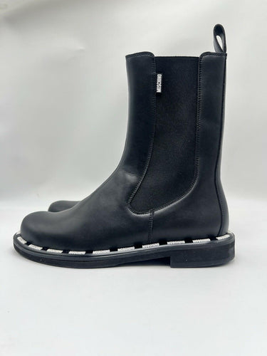 Men’s Moschino logo-print Black faux-leather Pull On boots Size 41