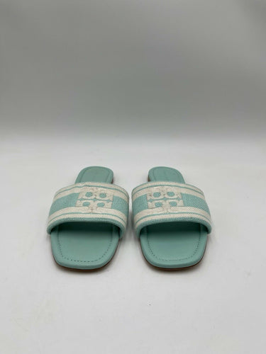 Tory Burch Double T Jacquard Slide sandals Light Aqua Size 7M
