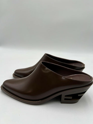 Women’s Fendi Vitello Abrasivato FF Cut Mules in a brown leather Size 37