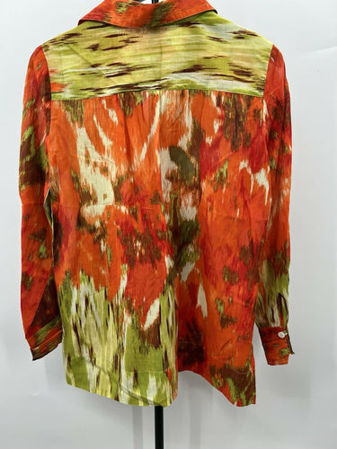 Talbots Ikat Print Tunic Top Orange Green V-Neck Cotton Blouse 4
