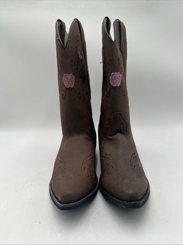Shyanne Floral Embroidered Brown Leather Snip Toe Pull On Western Boots Girl 6D