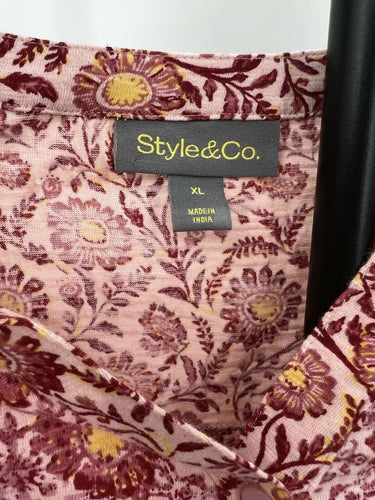 Style & Co Womens Pink Burgundy Floral Blouses Long Sleeve Henley Boho - Size XL