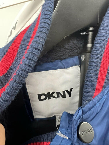 DKNY Boys Navy Blue Varsity Bomber Jacket Red D Patch Sherpa Lined NWT M 10-12 DKNY