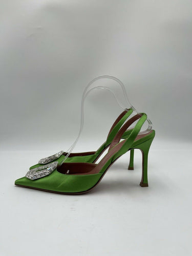 Amina Muaddi Camelia satin slingback 90mm pump in light green Size 38