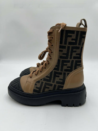 Fendi Wmns FF Motif Domino Biker Boot Brown Leather FF jacquard fabric Size 35.5