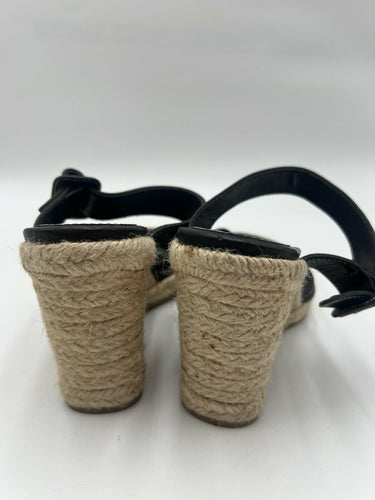 Marion Parke Black Leather Espadrille Wedge Thong Sandals Size 40 / 9