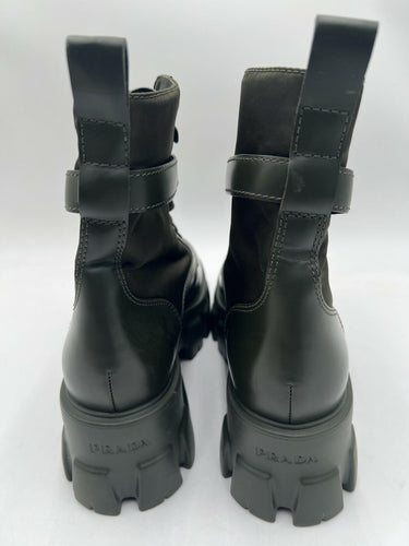 Prada Monolith Brushed Leather and Re-Nylon boots in olive green Size 38.5 PRADA