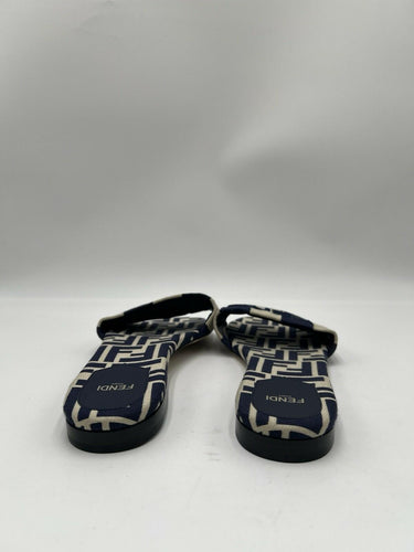 Women’s FENDI Signature Jacquard Canvas Slides Flat Sandal Beige Navy Size 40
