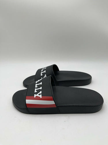 Men’s Bally Simon Black / Red Rubber Logo Sandals Slides Size 40