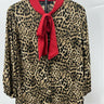 New York & Company Blouse Womens Leopard Print Red Bow Tie Neck Button Front L Leopard