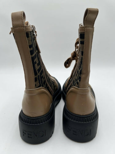 Fendi Wmns FF Motif Domino Biker Boot Brown Leather FF jacquard fabric Size 35.5