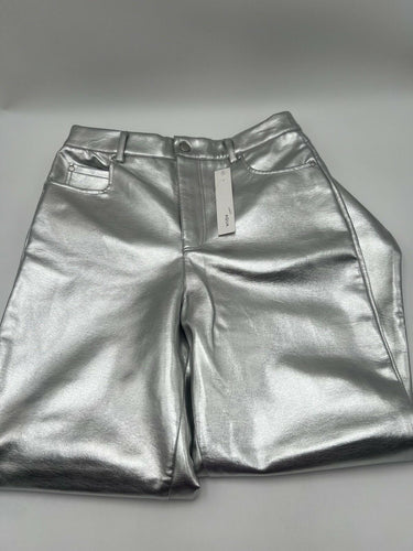 AQUA Silver Metallic Faux Leather Pants Womens Straight Leg High Shine NWT 28 Aqua