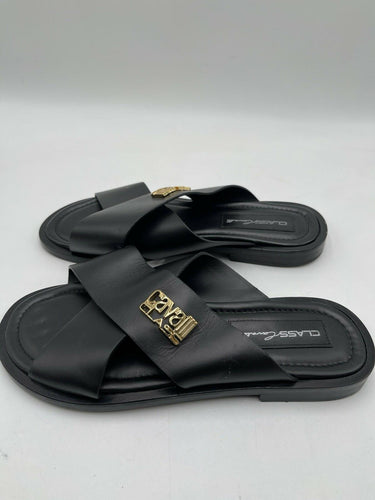 Roberto Cavalli 'Class Cavalli' Men slippers gold-tone logo Black Leather Size 42