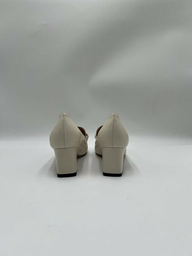 Gucci ZUMI Interlocking GG Block Mid Heel Loafer Pumps White Leather Size 37.5