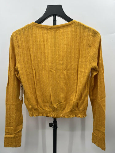 ABOUND Cardigan Top Mustard Yellow Pointelle Knit Button Smocked Hem - S