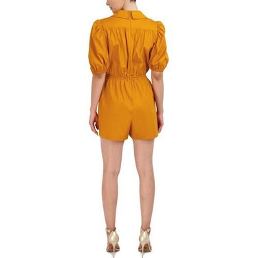 BCBGMAXAZRIA Women's Flare Poof Sleeve Tie Waist Button Romper, Golden Oak, XS BCBGMAXAZRIA