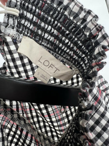 LOFT Blouse Womens Black White Gingham Check Smocked Puff Sleeve Top S Loft