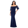 Xscape Women's Evening Gown Off-the-Shoulder Neckline, Puff Sleeves, Navy, 10 Xscape