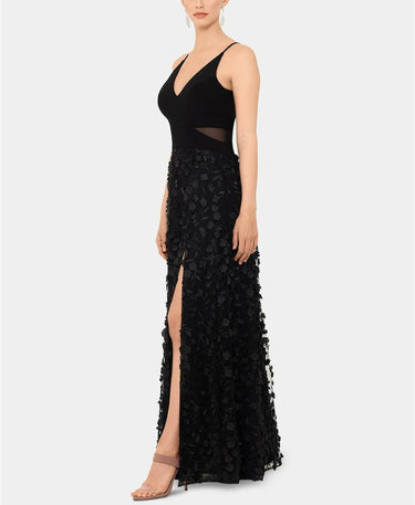 Xscape Ity V Front Top with Long Raised Flower Skirt Black/Black 6