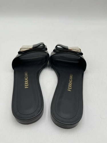 Ferragamo Lyana leather slide sandals in black gold-tone Gancin Buckle Size 6