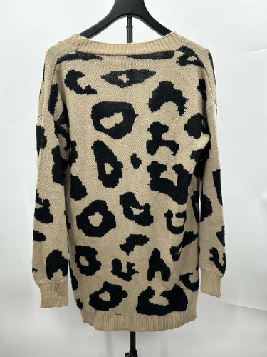 BTFBM Womans oversized leopard print cardigan sweater Tan Animal Print Size L