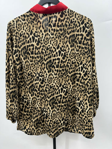 New York & Company Blouse Womens Leopard Print Red Bow Tie Neck Button Front L Leopard