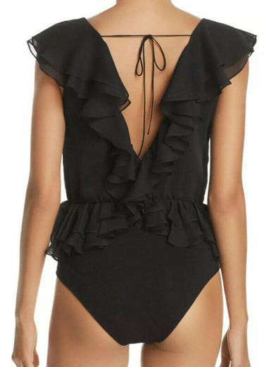 NWT Bardot Women’s Emily Ruffle Bodysuit, Black, Size 12