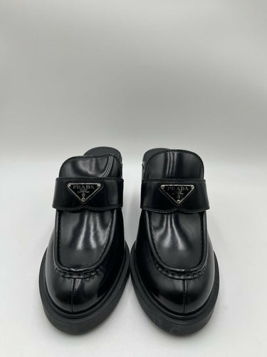 Prada Chocolate brushed leather heeled mules in black Size 41 PRADA