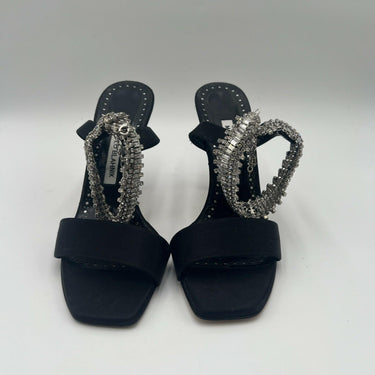 Manolo Blahnik Black Satin Open Toe Rhinestone Ankle Strap High Heels Women 37.5 Manolo Blahnik