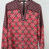 LOFT Blouse Womens Mixed Print Peasant Top Split Neck Red Navy Boho Tunic M Split