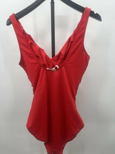 Lauren Ralph Lauren One Piece Swimsuit Red Ruffle V Neck Ruched Wrap 10 Ralph Lauren