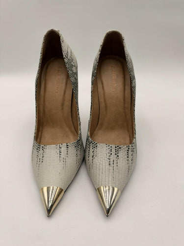 Carrano White Gray Snakeskin Pumps Gold Metal Toe Cap Pointed Stiletto Used 7.5