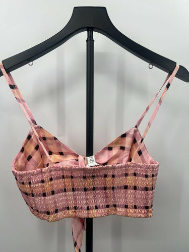Topshop Pink Plaid Tie Front Crop Top Smocked Satin Cami - US 6